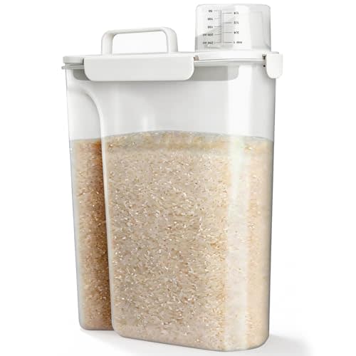 Viretec Rice Storage Container, 15 to 20lb Dry Food Airtight Dispenser, Pet Dog Cat Food Canister, BPA Free Clear Plastic Kitchen and Pantry Organization Bin for Oatmeal, Cereal, Pasta, Flour White
