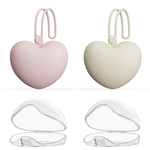 4PCS Pacifier Holder Case Set, 2pcs Silicone Portable Pacifier Pouch and 2pcs Transparent Pacifier Storage Container, Cute Heart Shape Pacifier Storage Case for Newborn Baby（Pink&Khaki）