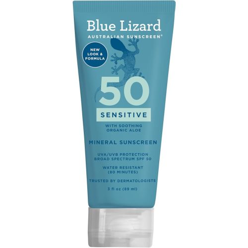 Blue Lizard SENSITIVE Mineral Sunscreen with Zinc Oxide, SPF 50+, Water Resistant, UVA/UVB Protection with Smart Cap Technology - Fragrance Free, 3 oz. Tube