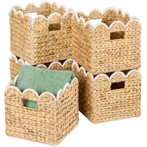 Best Choice Products 12 x 12in Scalloped Hyacinth Baskets, Rustic Set Of 5 Multipurpose Collapsible Storage Organizer, Handwoven Laundry Totes for Bedroom, Living Room, Shelves - Natural w/White Trim