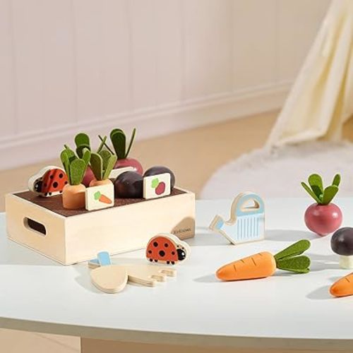 KizKnows Wooden Play Food Set for Kids Kitchen Accessories, Montessori Gardening Playset for Kids Pretend Play Food, Plant & Harvest Toy Kit, Educational Toy Gift for 3 4 5 6 7 Years Old Boys Girls