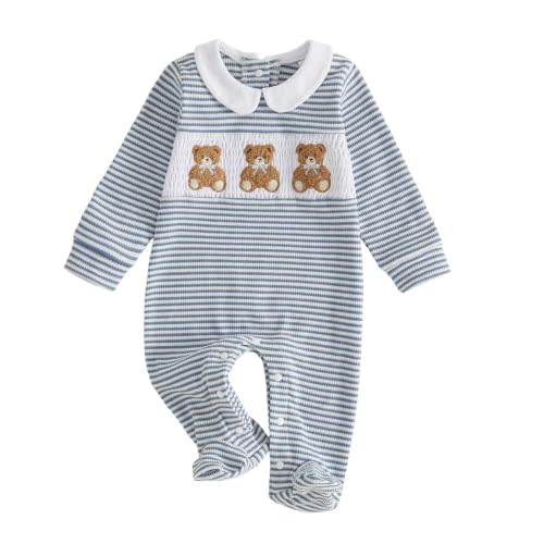 Newborn Baby Boy Clothes Embroidery Waffled Striped Long Sleeve Footies | Bear/wooden horse embroidery, Collared neck, Waffle knit footed romper, Fall winter jumpsuit for baby boys