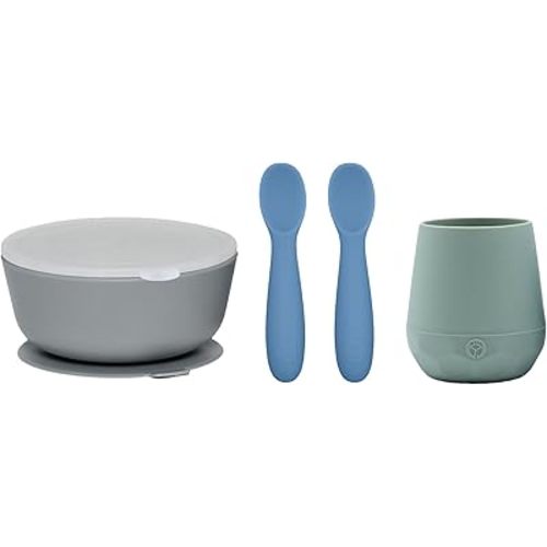 WeeSprout First Feeding Set - Silicone Baby Training Cup 2 Oz, Suction Bowl 10 Oz with Lid & 2 Baby Led Weaning Spoons - For Children 4+ Months - Non-Slip Grip - Dishwasher & Microwave Safe
