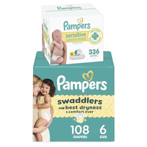 Pampers Swaddlers Disposable Baby Diapers Size 6, 108 Count with Sensitive Water Based Baby Wipes 4X Pop-Top Packs (336 Count)