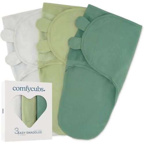 Comfy Cubs Easy Swaddle Blanket, 3 Pack - 100% Cotton Newborn Wrap, Small for 0-3 Months Infants, Breathable and Durable Sleep Sack for Babies - Stone, Sage, Azul