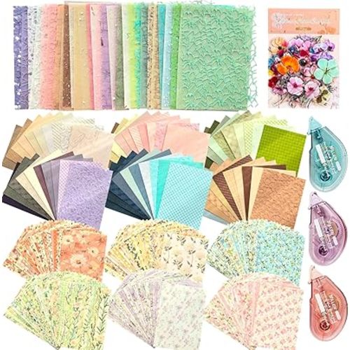 Flartmo Scrapbook Supplies Kit with 246 Sheets Textured & Floral Scrapbook Paper, 50 Pcs Flower Scrapbook Sticker & 3 Rolls Double-Sided Tape for Scrapbooking, Junk Journal, Card Making, Embellishment