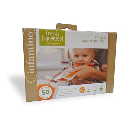 Infantino Disposable Squeeze Pouches, Portable Homemade Semi-Solid Food for Babies and Toddlers, 4 Fl Oz (Pack of 50) - 50 Squeeze Pouches Pack