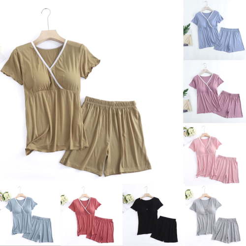 Sentmoon Two Piece Sets for Women Maternity T Shirts and Beach Shorts Plus Size V Neck Breathable Nursing Top Solid Color Short Sleeve Pregnancy Clothes Active for Business Casual L
