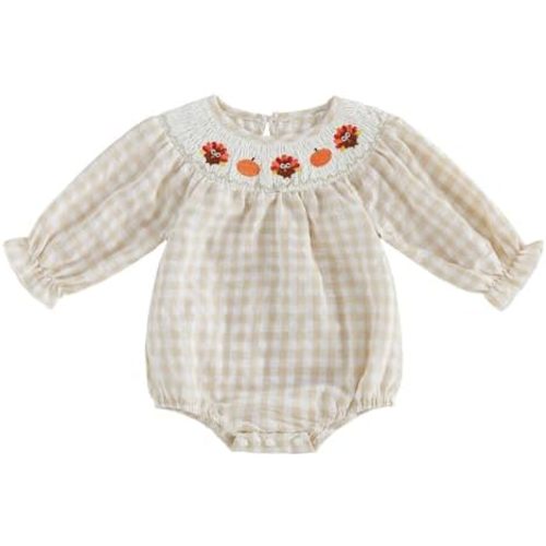 Baby Girl Thanksgiving Romper Turkey Bows Plaid Bubble Bodysuit Doll Collar Long Sleeve Smocke Tops for Fall