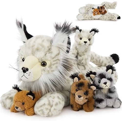 Muiteiur 5 Piece Lynx Stuffed Animals, Soft Bobcat Stuffed Animals with Babies,18-inch Cute Plush Toy for Kids Girls Boys, Fun Gift for Birthday Children Day (White)