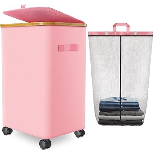 Laundry Hamper with Wheels,20 Gal (75L) Laundry Basket with lid Rolling Clothes Hamper Foldable Dirty Clothes Basket on wheels with Bamboo Frame and Bag for Bedroom, Dorm, Laundry Room-Pink