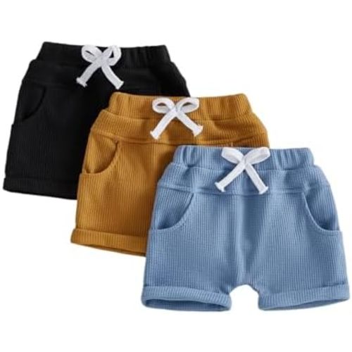 Sejardin Toddler Baby Boy Shorts 3 Pack Solid Waffle Elastic Waist Bottoms Infant Summer Casual Shorts