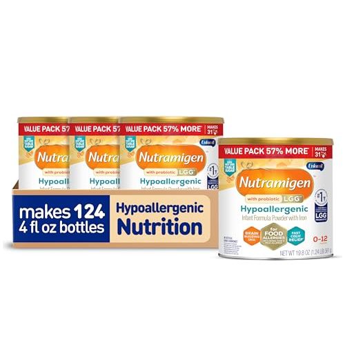 Enfamil Nutramigen Hypoallergenic Baby Formula with Iron, Lactose Free, Colic Relief from Cow's Milk Allergy Starts in 24 Hours, Brain Building DHA, Probiotic LGG for Immune Support, 19.8 Oz, 4 Count