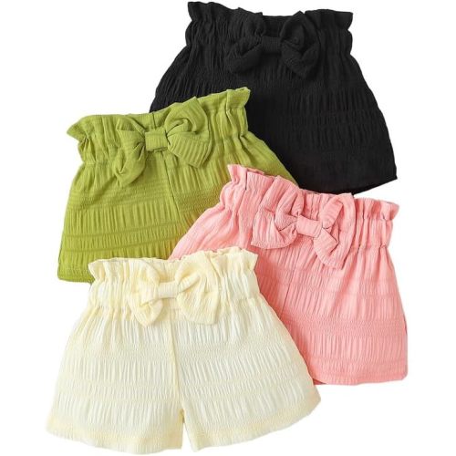 Baby Girl Shorts 4-Pack Soft Ruffled Elastic Waist Summer Shorts with Bow for 0-24 Months Toddler Infant Clothing