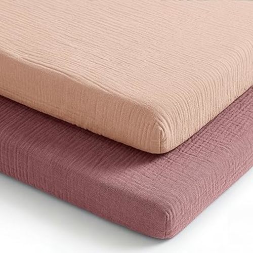 Comfy Cubs Muslin Cotton Bassinet Sheets 2 Pack, Mauve and Blush – Soft, Breathable, 100% Muslin Bassinet Sheet, Gentle for Baby’s Sensitive Skin – Universal Fit, Beautiful Gift-Ready Packaging