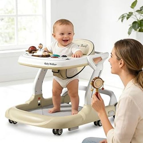 Music and Lights Baby Walker with Wheels,9 Adjustable Heights Infant Toddler Walker,Baby Walkers with Foot Pads,Anti-Fall Baby Walker and Activity Center for Boys Girls Babies 6-18 Months