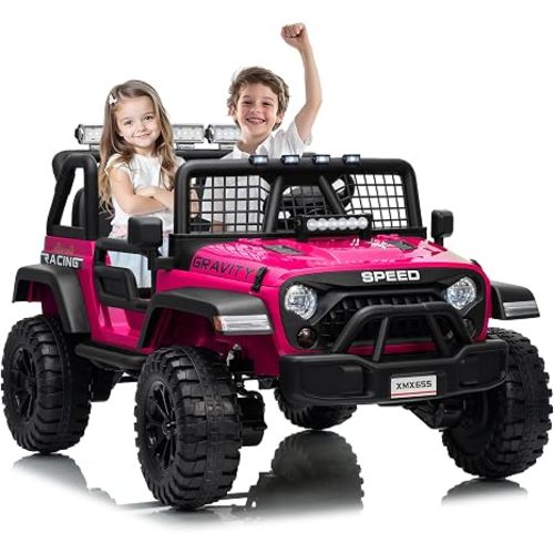 Garvee 24V 2-Seater Kids Electric Truck with Parent Remote Control, 100Min Ride-on Car, 4WD Dual Motor, 2 Speeds, Spring Shock Absorber, LED Headlights, Siblings Gift Kids Electric Vehicle, Rose