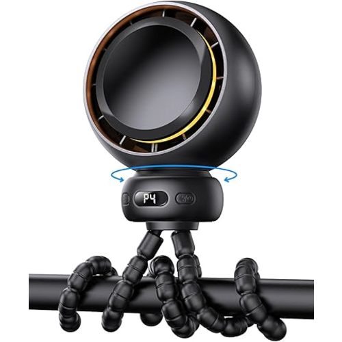 Mini Portable Stroller Fan – 60° Auto Oscillation, Quiet USB-C Rechargeable Baby Fan, 4 Speeds, Night Light & Warning Light, Flexible Tripod for Stroller, Car Seat, Crib, Camping (Black)