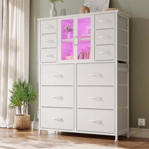 EnHomee 12 Drawer Tall Dresser for Bedroom White Dressers & Chests of Drawers with Charging Station & LED Lights & Mesh Door
