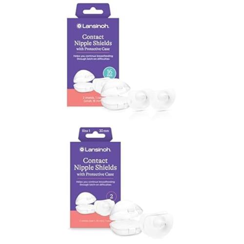 Lansinoh Contact Nipple Shields for Nursing Mothers, Ultra-Thin Soft & Flexible Medical-Grade Silicone Shields for Sensitive Nipples, Latch-On Support, with Protective Case, 16mm + 20mm, 4 Count