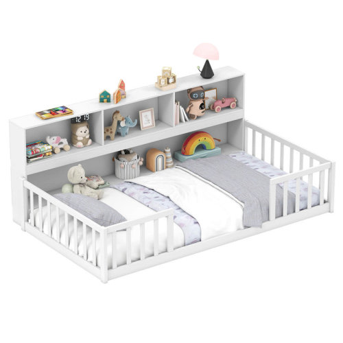 Harriet Bee Montessori Floor Bed With Bookcase Storage Shelves & Safety Fence Rails & Reviews | Wayfair