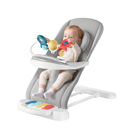 Monamii Baby Bouncer, Easy to Assemble Baby Bouncer Seat with Feeding Tray | 3 Adjustable Positions, Detachable Piano & Machine-Washable Cover – A Comfortable Bouncer Seat for Babies (Grey)