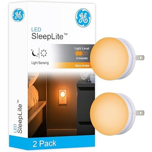 GE SleepLite LED Night Light, 2 Pack, Dusk-to-Dawn Sensor, Sleep Light, Dim Light, Warm Amber, Compact, Ideal for Bedroom, Nursery, Bathroom, Hallway, 45247, 2 Count