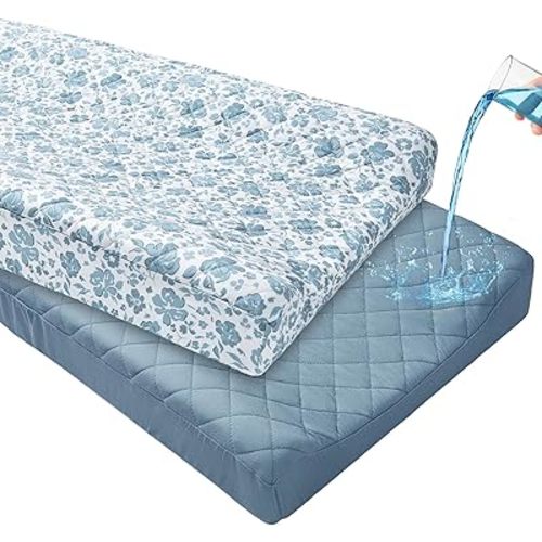 FIOBEE Changing Pad Cover Waterproof 2 Pack Quilted Diaper Change Table Sheets Breathable & Ultra Soft for Newborn Baby Boys Girls Fitted Changer Pads 32"x 16", Light Blue