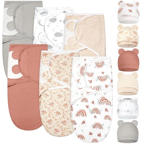 Ramede 6 Pack Baby Swaddle Blanket with Hats Sleep Swaddle for 0-3 Months Newborn Sacks Soft Cotton Wearable for Boy Girl