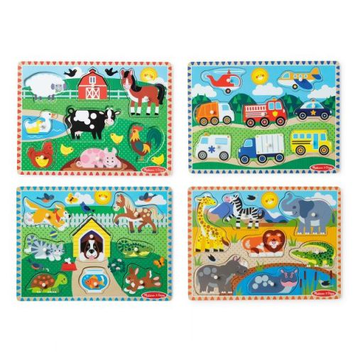 Melissa & Doug Wooden Peg Puzzle 4pk - Vehicles, Farm, Safari, Pets: Creative Thinking, Fine Motor Skills