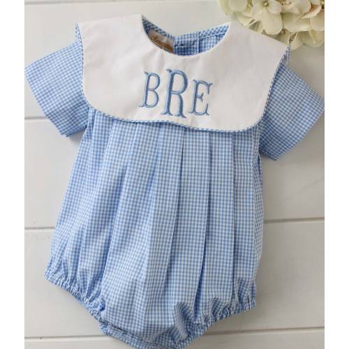 Baby Boy Monogram Bubble Romper Outfit Square Portrait Collar, Personalized Boy Romper, Blue Gingham Baby Romper