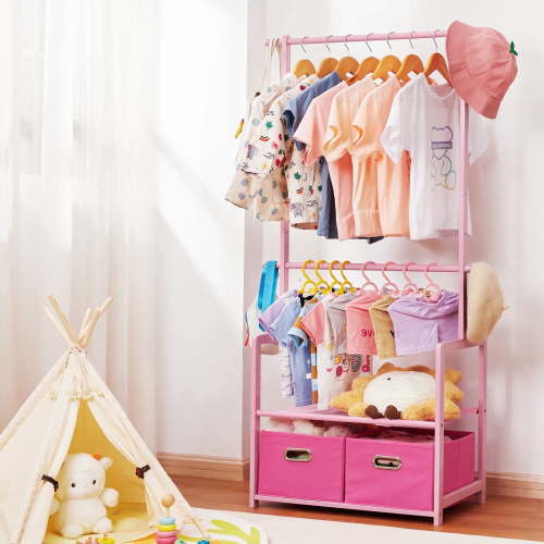 Enogets Bamboo Closet Organizer, Freestanding Clothing Rack with Adjustable Hanging Rods & 2 Storage Baskets for Children's Bedroom