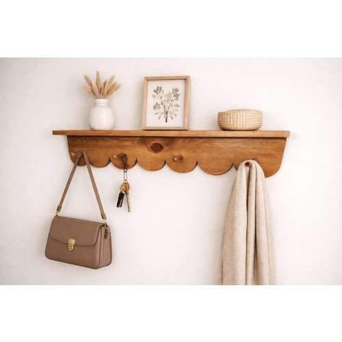 Scalloped Wooden Peg Shelf - Handcrafted Wall Decor