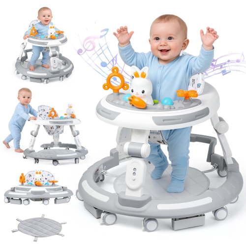 4-in-1 Foldable Baby Walker and Activity Center, Height Adjustable Learning Push Walker with 360° Silent Wheels & Dining Tray for Infants 6-18 Months