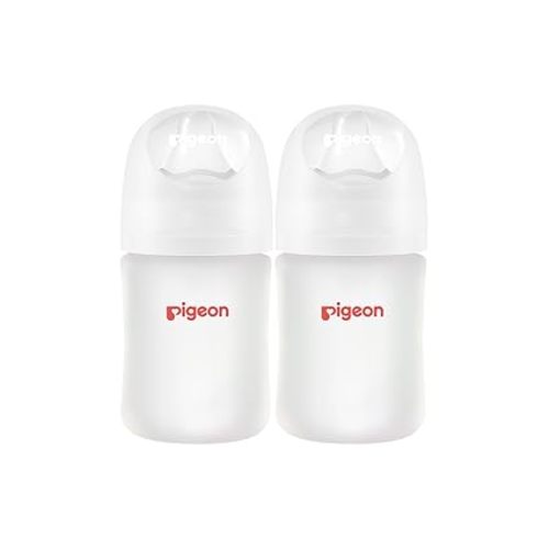 Pigeon Silicone Coating (Glass Inside/Silicone Outside) Baby Bottle, Wide Neck, Streamlined Body, Natural Feel, Easy to Clean, Heat-Resistant, 5 Oz (Pack of 2), Includes 2 pcs SS Nipples (0m+)