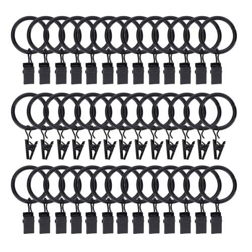 DISEN 40 Pack Curtain Rings with Clips Hooks 1 inch Rustproof Matte Metal Stainless Steel Drapery Rings for Tension Rod Bracket Eyelets Decorative Hangers, Black (1" Interior Diameter)