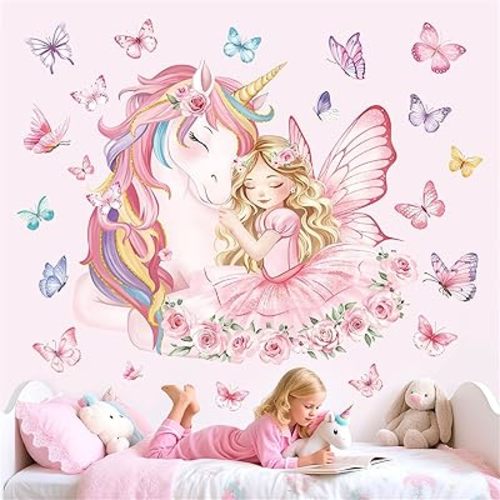 decalmile Calcomanías de pared grandes de unicornio, diseño de hada rosa, mariposa, decoración del hogar