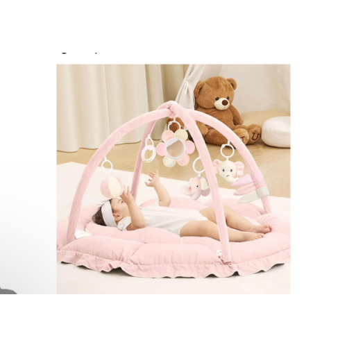 ANGELBLISS 5 in 1 Baby Play Gym Mat, Reversible Tummy Time Mat with 5 Sensory Toys for Stage-Based Developmental, Thick & Large Baby Activity Center from Newborn to Toddler (Pink)