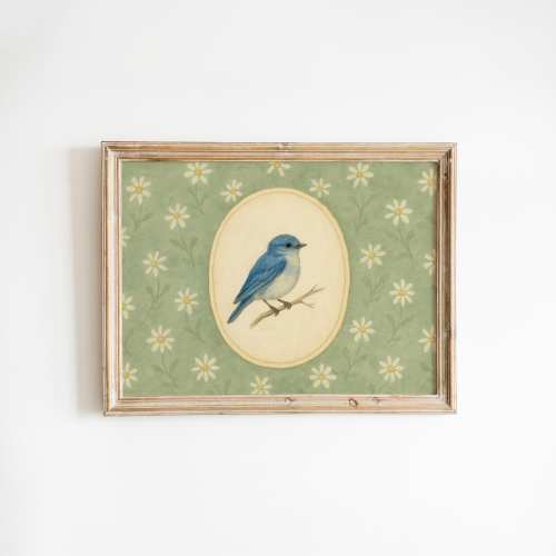 Bluebird with Green Daisy Background – Vintage Botanical Nursery Art Print