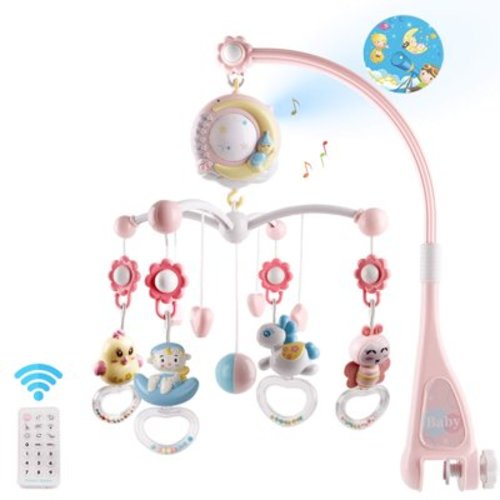 WZCPCV Baby Crib Mobile,Crib Mobiles with Music Lights&Projection Function,Remote& Teether Rattle Crib Toys,Music Mobile Blue/Pink