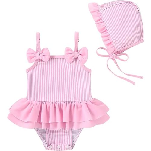YOUNGER TREE Baby Girls Swimsuit One Piece Swimwear Ruffled Infant Swimsuit Floral Print Bathing Suit with Hat,UPF 50+