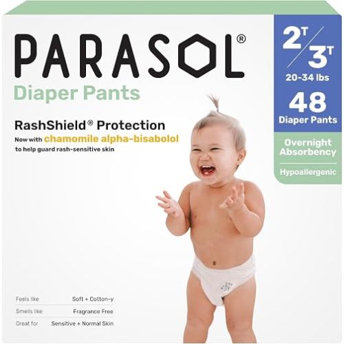 Parasol Chlorine Free Disposable Diaper Pants, Size 4 (2T-3T) 48 Count, Pull On Style with RashShield Protection and Active 360 Comfort Wrap, Hypoallergenic Training Diaper