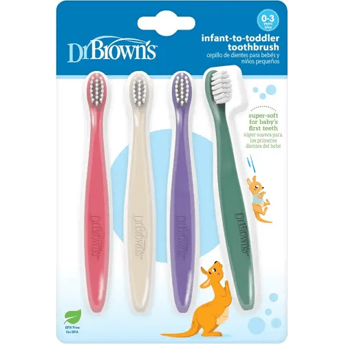 Dr. Brown's Infant-to-Toddler Toothbrush Set, Soft & Gentle Manual Toothbrushes for Baby, Pink/Ecru/Purple/Dark Green, BPA Free, 0-3 Years – 4-Pack