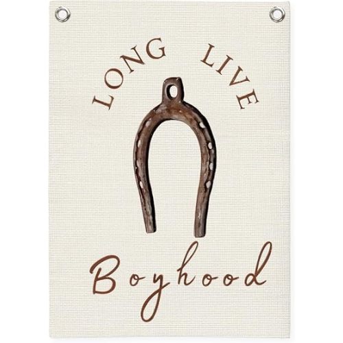 Dilemat Long Live Boyhood Canvas Banner Wall Hanging, Western Cowboy Nursery Decor,Vintage Horseshoe Wall Decor Hanging Banner Flag for Boys Toddler Nursery Room Bedroom Playroom 18X25 Inch