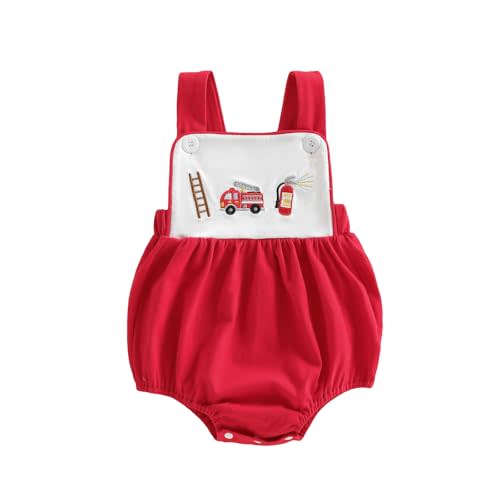 Newborn Baby Boy Overalls Fire Truck/Police Car Sleeveless Romper Strap Bodysuit Infant Firefighter Summer Outfit