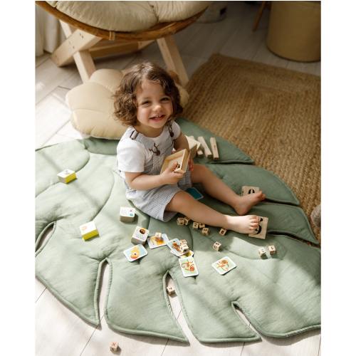 Linen Baby Play Mat • Organic Quilted Monstera Leaf Rug