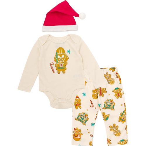 STAR WARS Darth Vader Christmas Newborn Baby Boys Bodysuit, Pants & Velour Santa Hat 3 Piece Outfit Cream/Red 3-6 Months