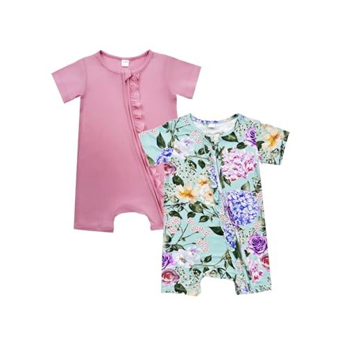 Bow Dream Baby Girl Romper Bamboo Rayon Clothes Jumper One-Piece Summer | 2 pack, 93% rayon derived from bamboo, 7% elastane, buttery-soft feel, breathable stretch, double zipper, short sleeves