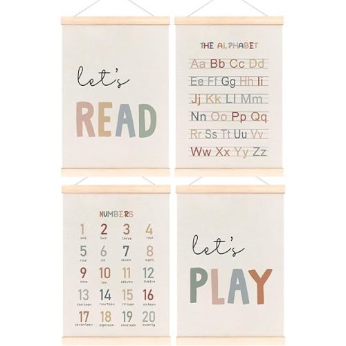 laveliabel Alphabet Numbers Poster Hanger Frame Set of 4, Alphabet ABC Banner Poster with Wood Hanger, Nursery Kids Playroom Wall Decor, Play Sign Wall Art Decor for Toddler Nursery Playroom, 12x16in