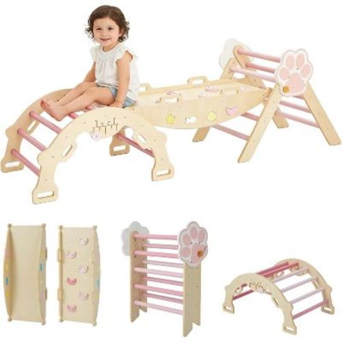 7-in-1 Foldable Triangle Climbing Toys Set. with Arch & Ramp & Ladder. Wooden Montessor Climbing Set for Kids Toddler, Pink